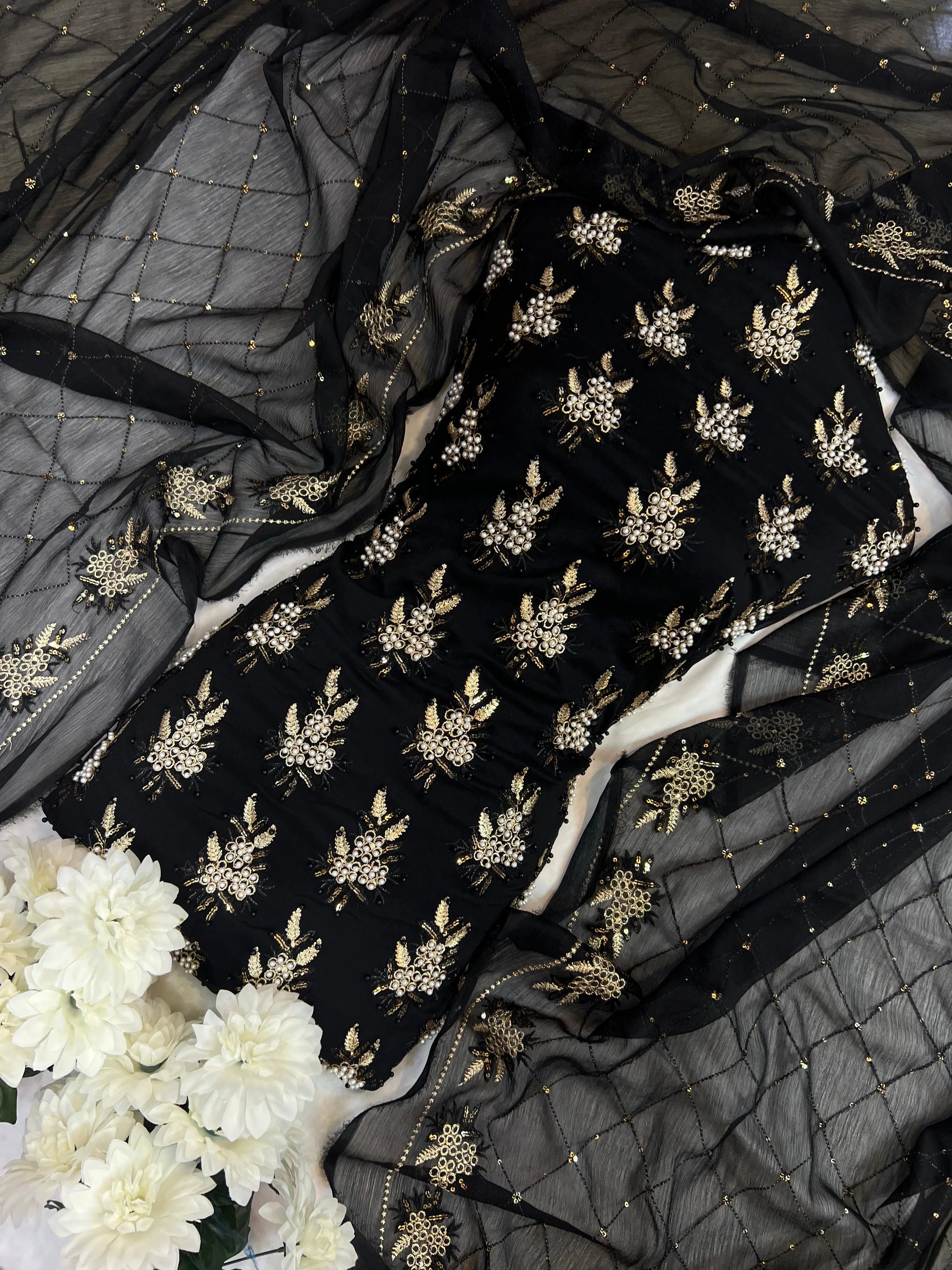 Soft Chiffon – Fine Pearls 3pcs unstich Dress (black)