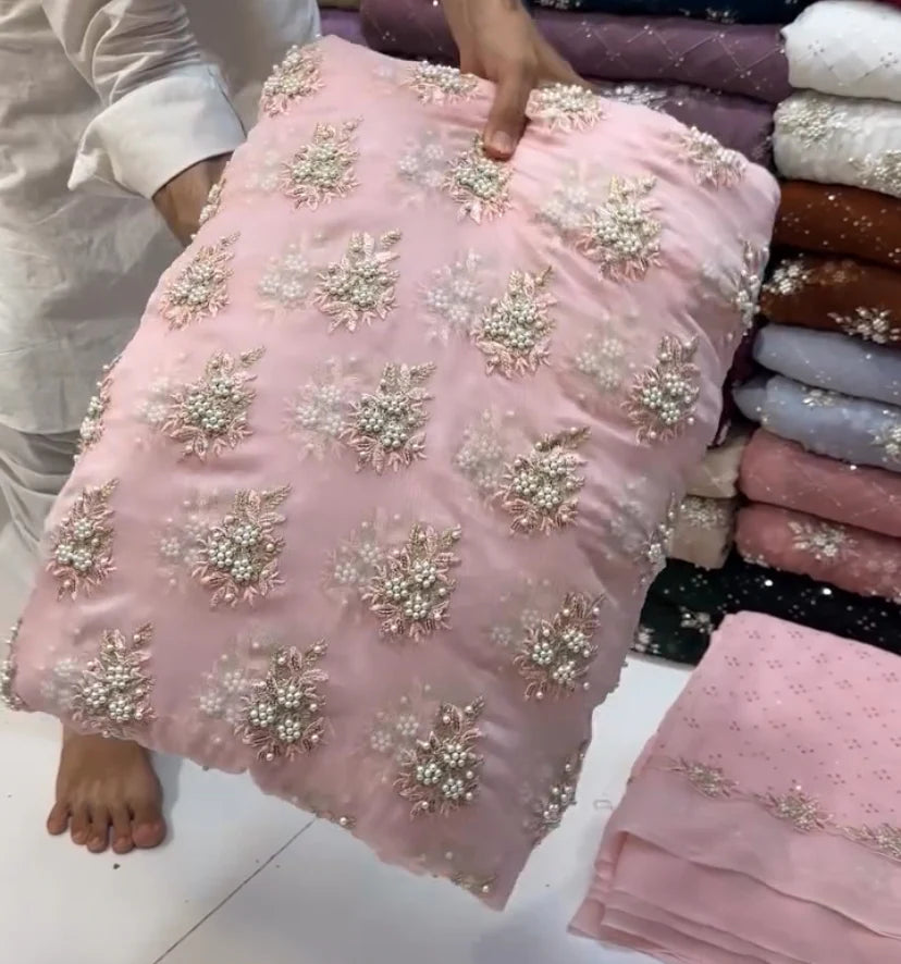 Soft Chiffon – Fine Pearls Embroidery | 3PC (T pink)