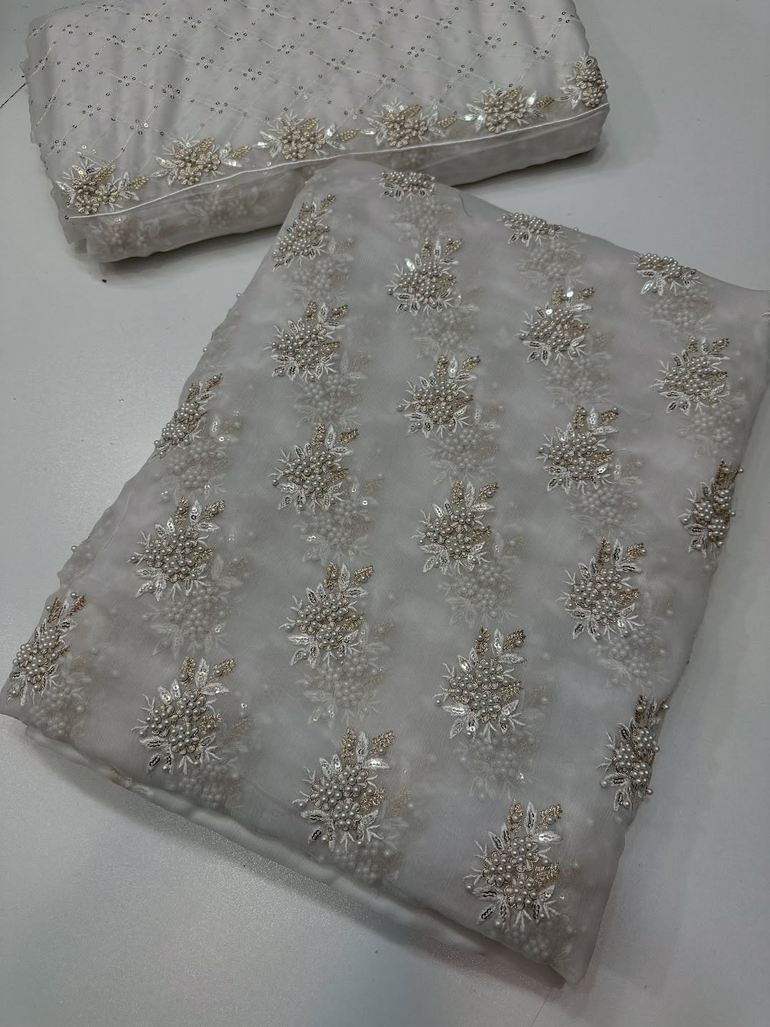 Soft Chiffon – Fine Pearls Embroidery | 3PC (offWhite)